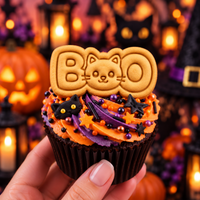 BOO cat face mini cookie topper on Halloween cupcake with orange and purple buttercream and black cat decoration