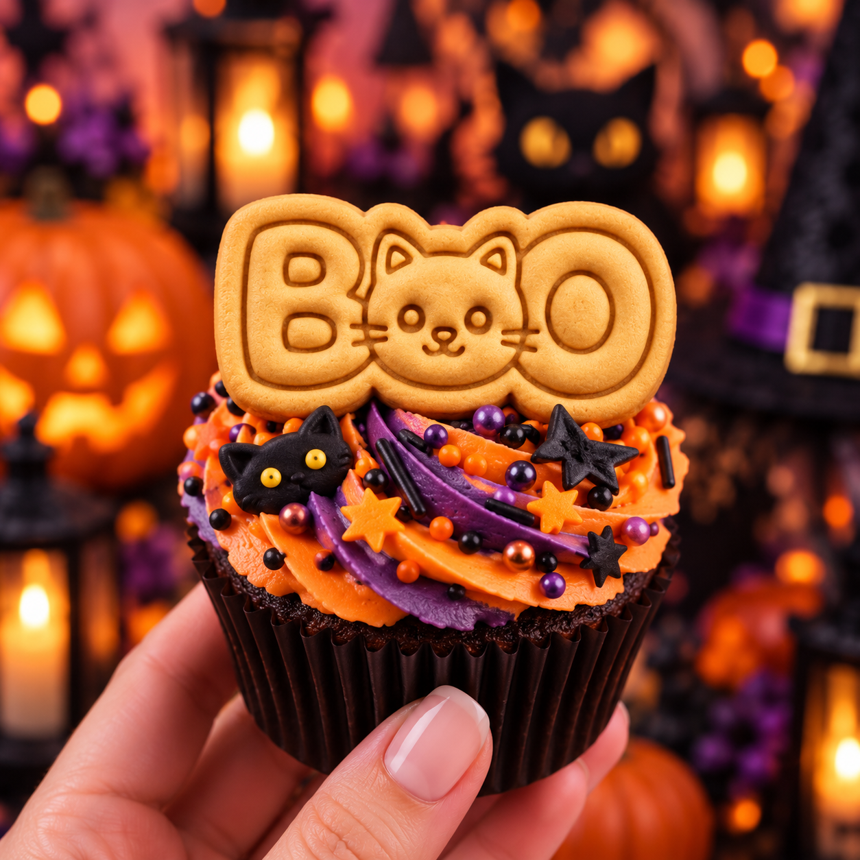 BOO cat face mini cookie topper on Halloween cupcake with orange and purple buttercream and black cat decoration