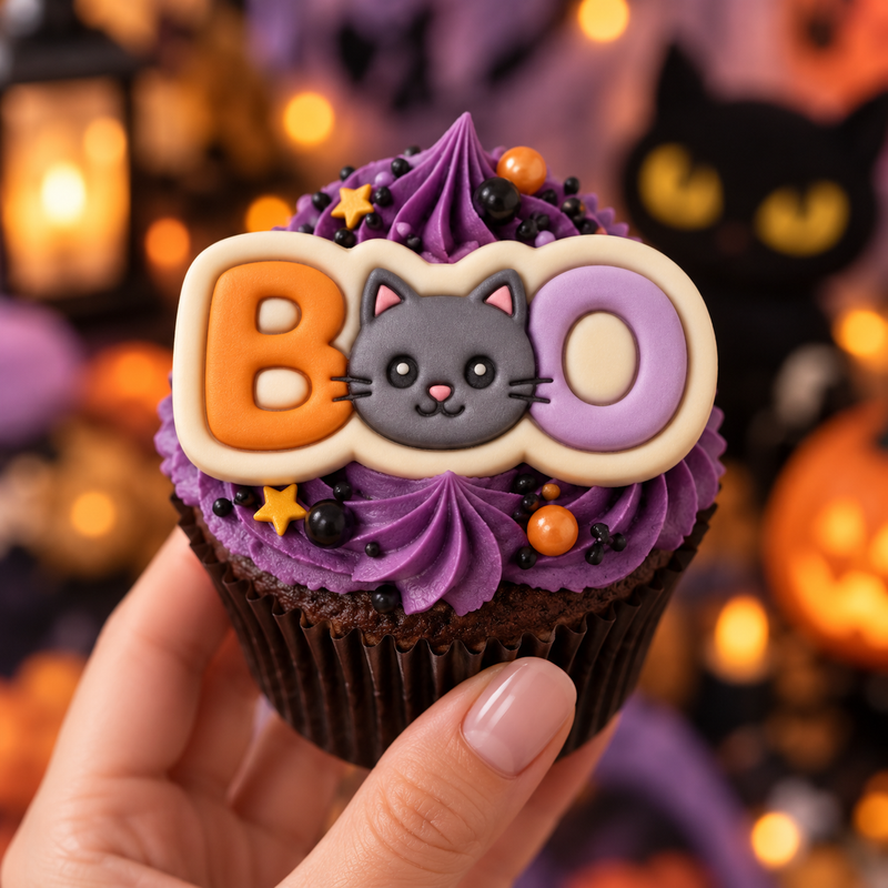 BOO cat face fondant cupcake topper on purple Halloween cupcake with sprinkles and spooky decorations