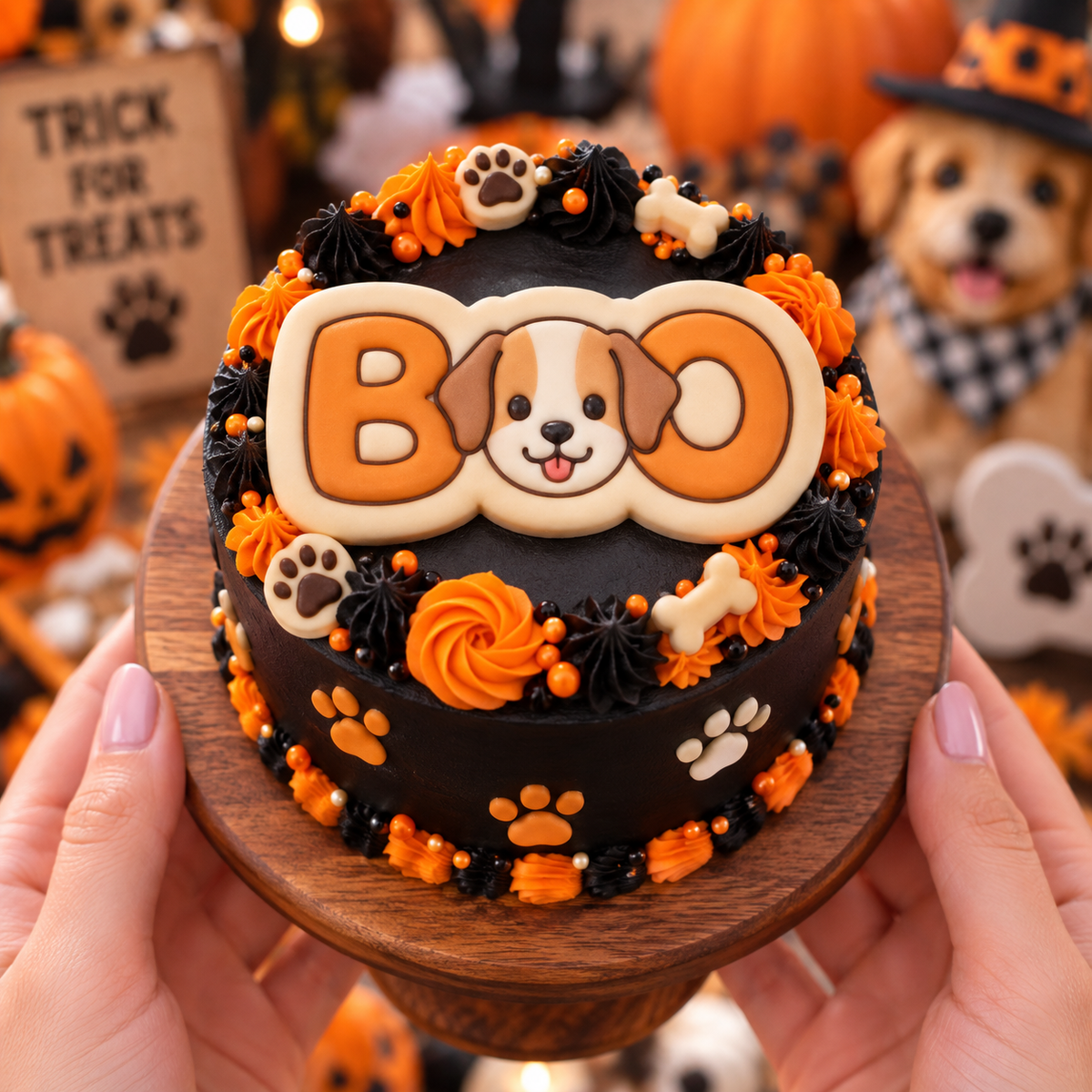 BOO dog face fondant cake topper on black and orange dog-themed Halloween cake