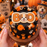 BOO dog face fondant cake topper on black and orange dog-themed Halloween cake