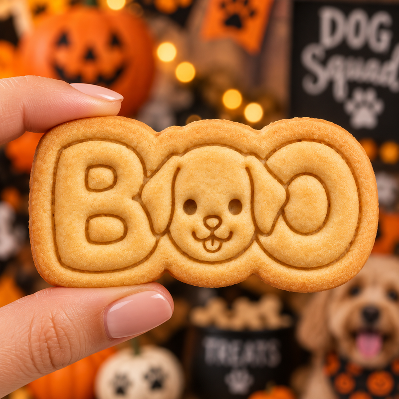 BOO dog face embossed Halloween cookie held by hand with pumpkins and puppy party decorations