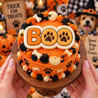 BOO paw print fondant cake topper on an orange Halloween pet-themed cake decorated with dog bones and paw prints