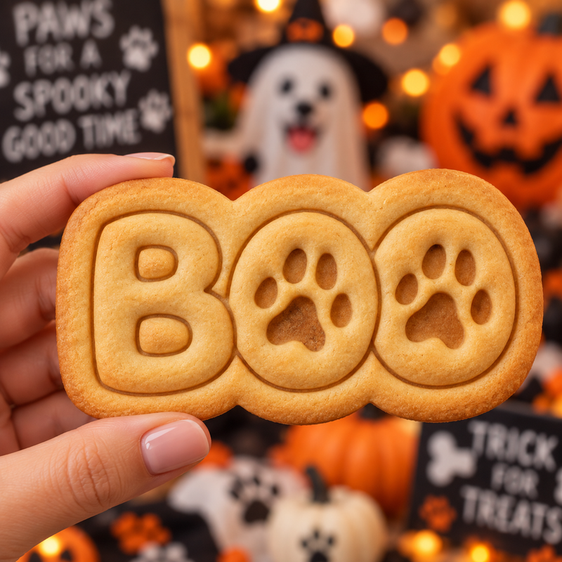 BOO paw print stamped Halloween cookie with two detailed paw prints held against a spooky dog-themed party background