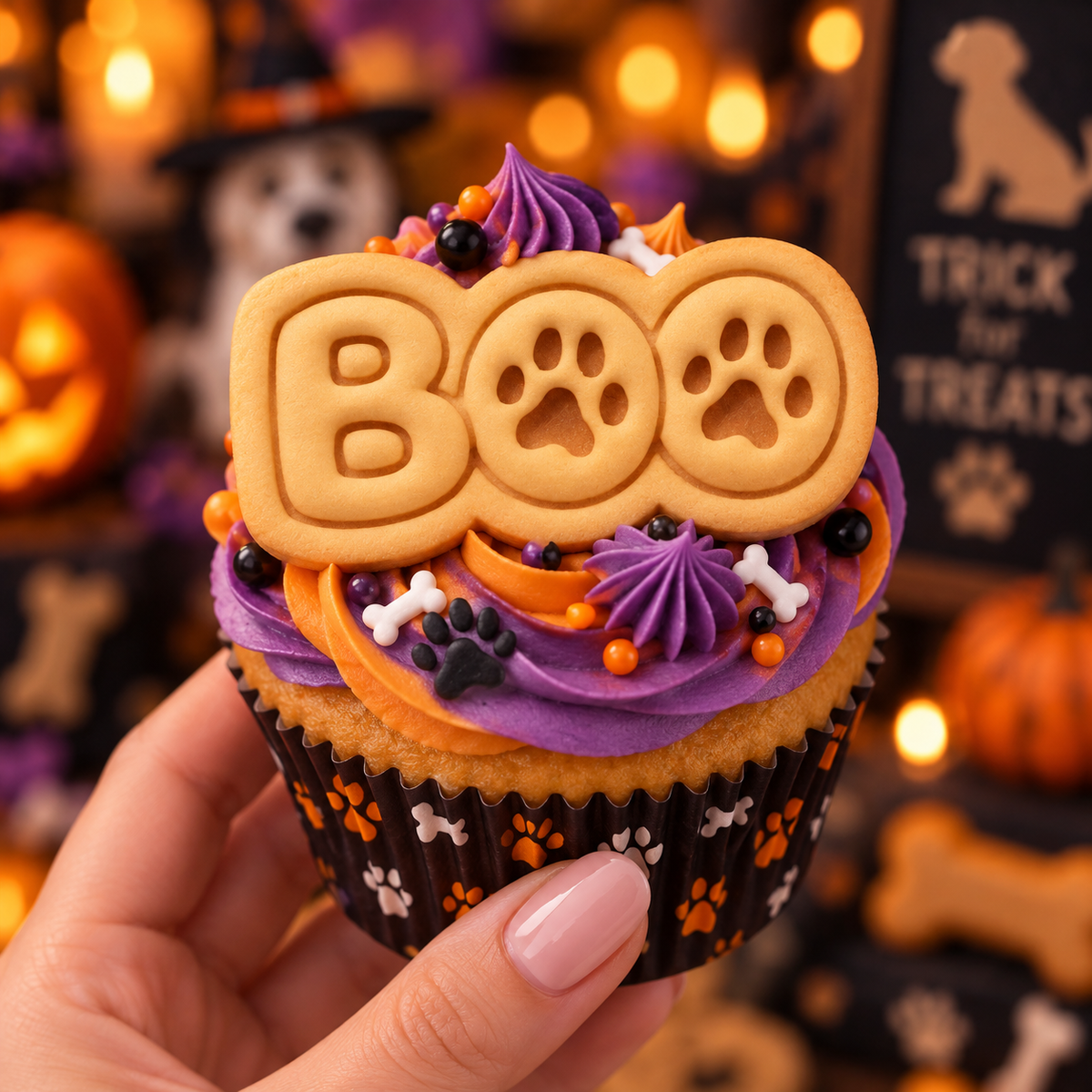 Mini BOO paw print cookie topper on a Halloween cupcake with purple and orange frosting and spooky pet-themed decorations