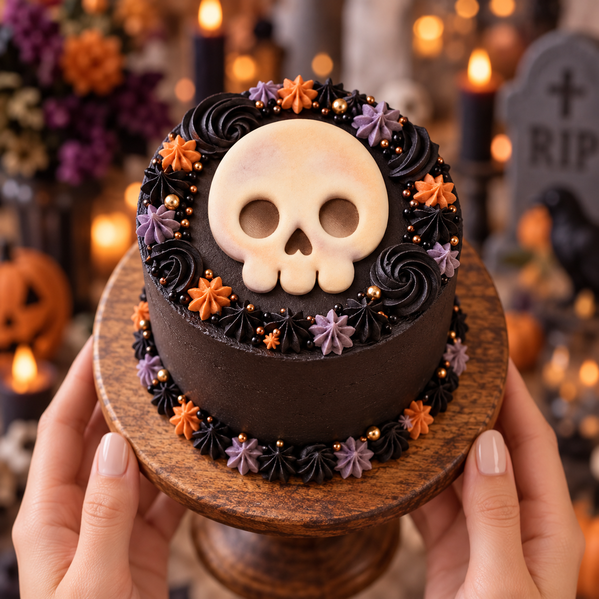 Cute front view skull fondant topper on a black Halloween cake with orange and purple gothic decorations