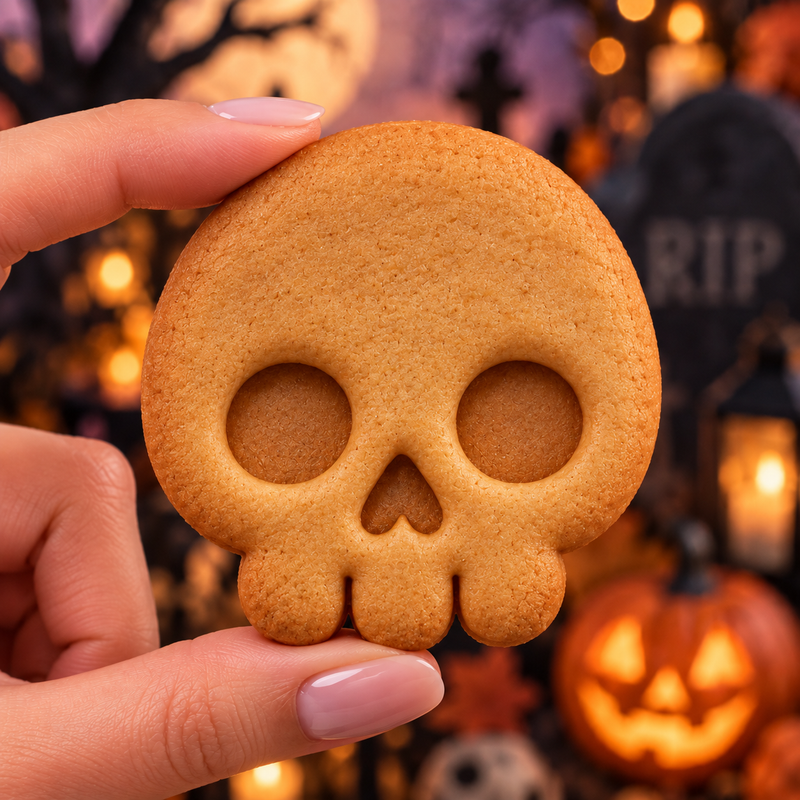 Cute skull shaped Halloween cookie showing clear embossed eye, nose and teeth details against a spooky pumpkin background