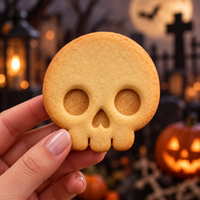 Front view skull cookie with large eye sockets and cute rounded teeth held against a Halloween graveyard background