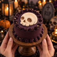 Side view skull fondant topper on a dark purple Halloween cake with gothic graveyard decorations