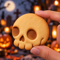 Cute side view skull cookie held by fingers against a spooky Halloween background