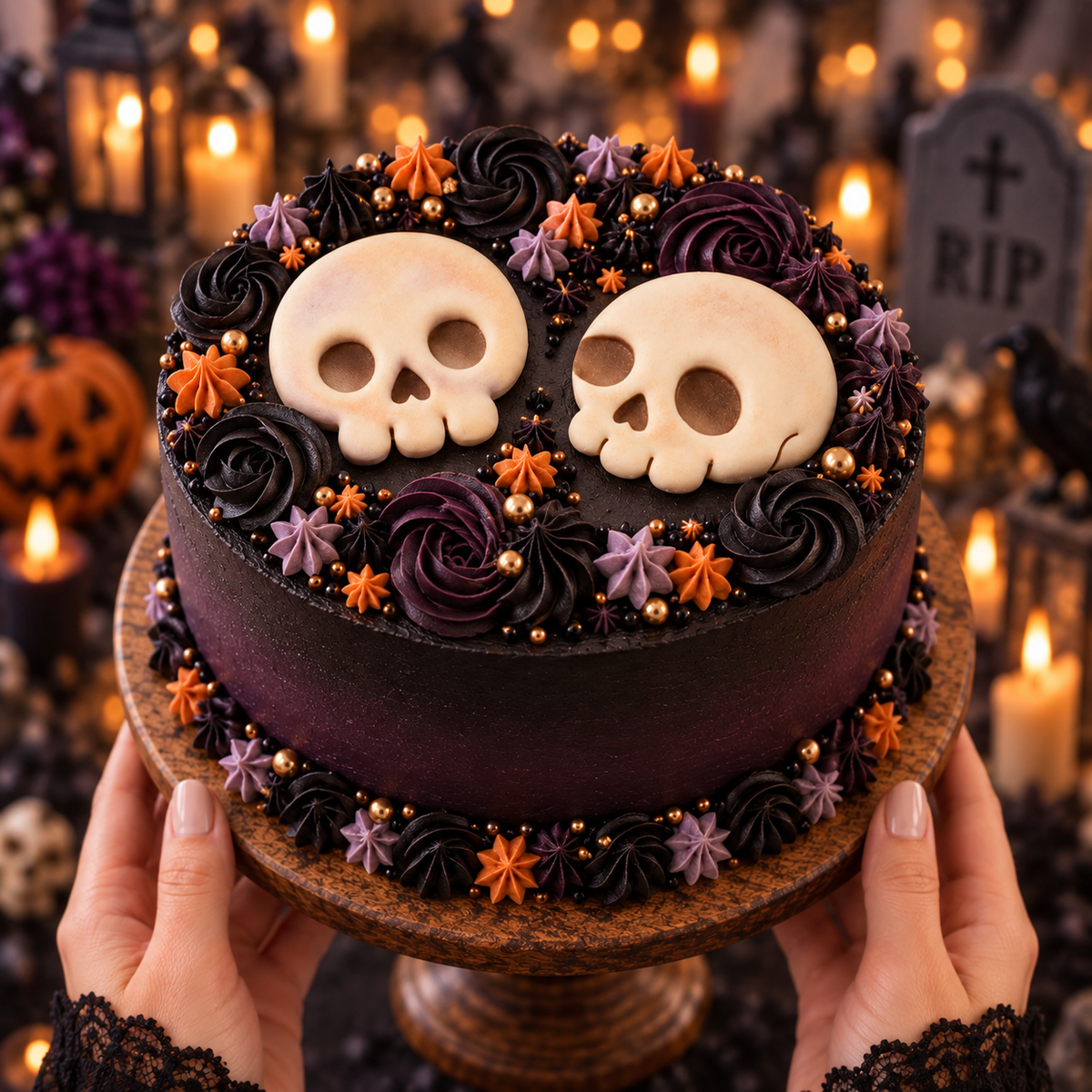 Dark gothic Halloween cake topped with front and side skull fondant decorations and spooky floral piping