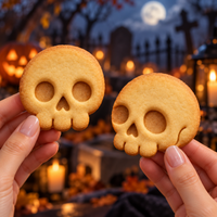 Two baked skull cookies in front and side view held by feminine hands against a spooky Halloween graveyard background