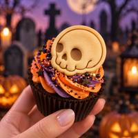 Cute skull side view cookie topper on Halloween cupcake