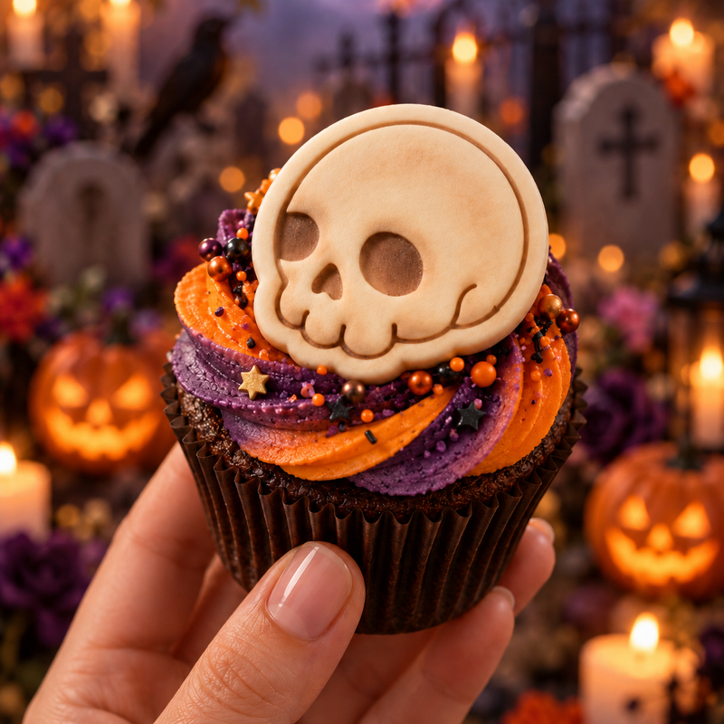 Mini side view skull Halloween cupcake topper with clear fondant stamped detail