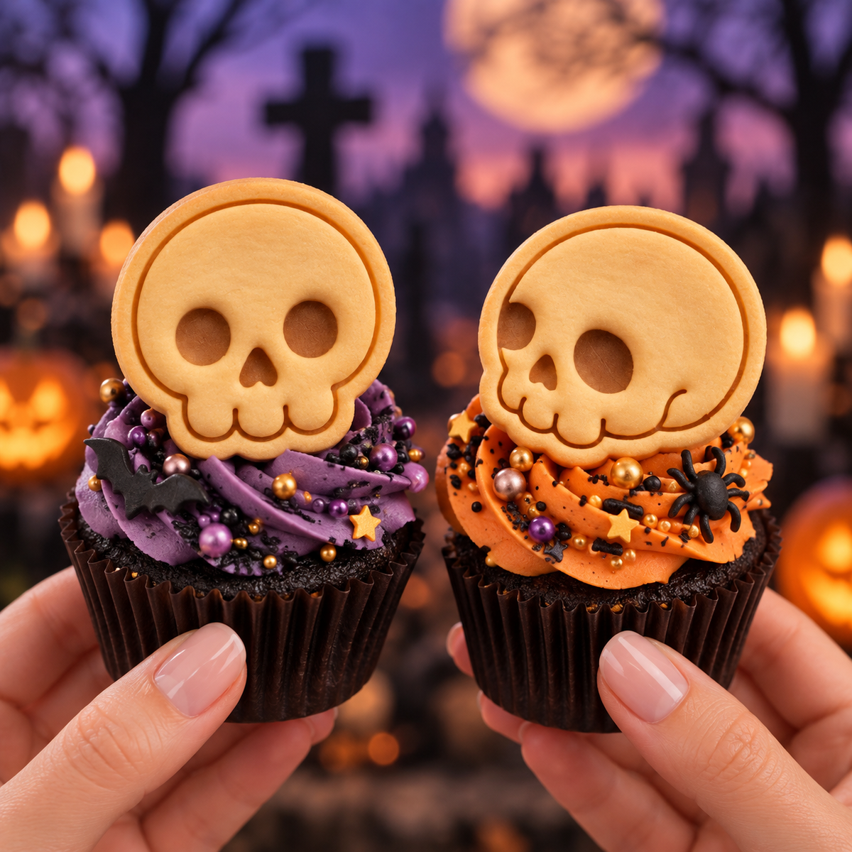 Cute skull mini cookie toppers on Halloween cupcakes with front and side view skull designs