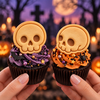 Cute skull mini cookie toppers on Halloween cupcakes with front and side view skull designs