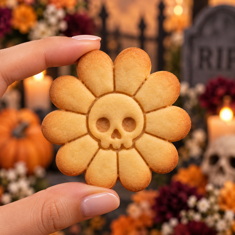 Daisy Skull Halloween cookie with flower petals and skull face in gothic graveyard setting