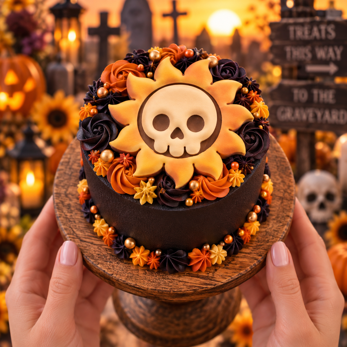 Skull Sun fondant cake topper on gothic Halloween cake with orange and black flowers