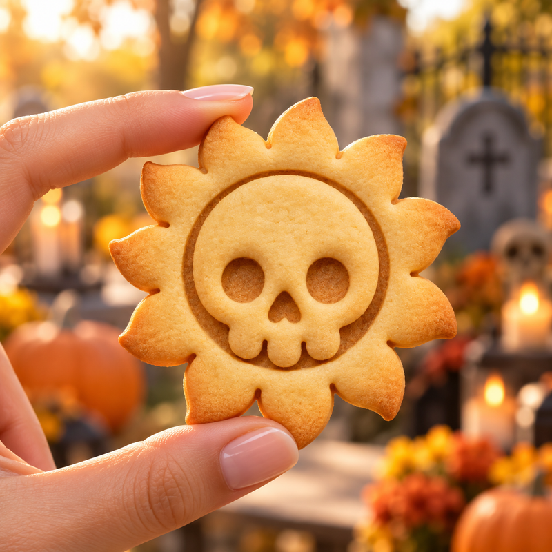Skull Sun Halloween cookie with skull face and solar rays in spooky graveyard setting