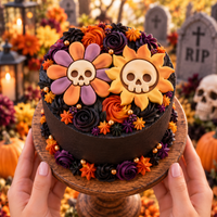 Daisy Skull and Skull Sun fondant cake toppers on gothic floral Halloween cake