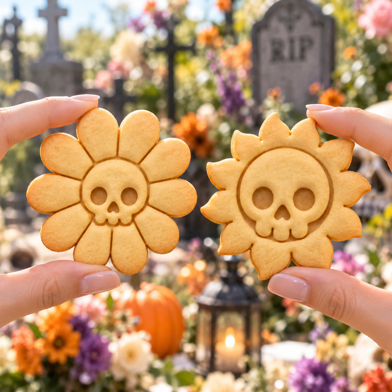 Daisy Skull and Skull Sun Halloween cookies held in a spooky floral graveyard setting