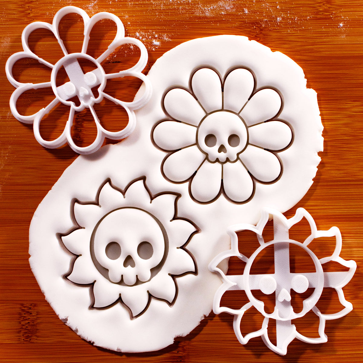 Set of 2 Daisy Skull and Skull Sun cookie cutters with gothic Halloween impressions