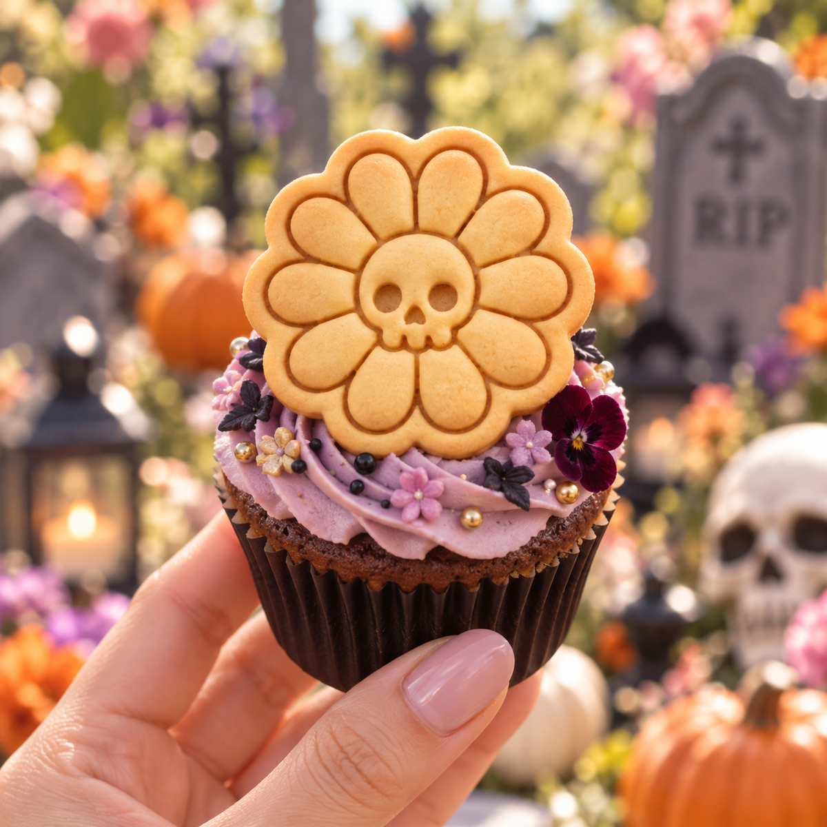 Mini Daisy Skull Halloween cookie with flower petals and skull impression in graveyard setting