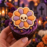 Daisy Skull mini cookie cupcake topper on purple gothic Halloween cupcake