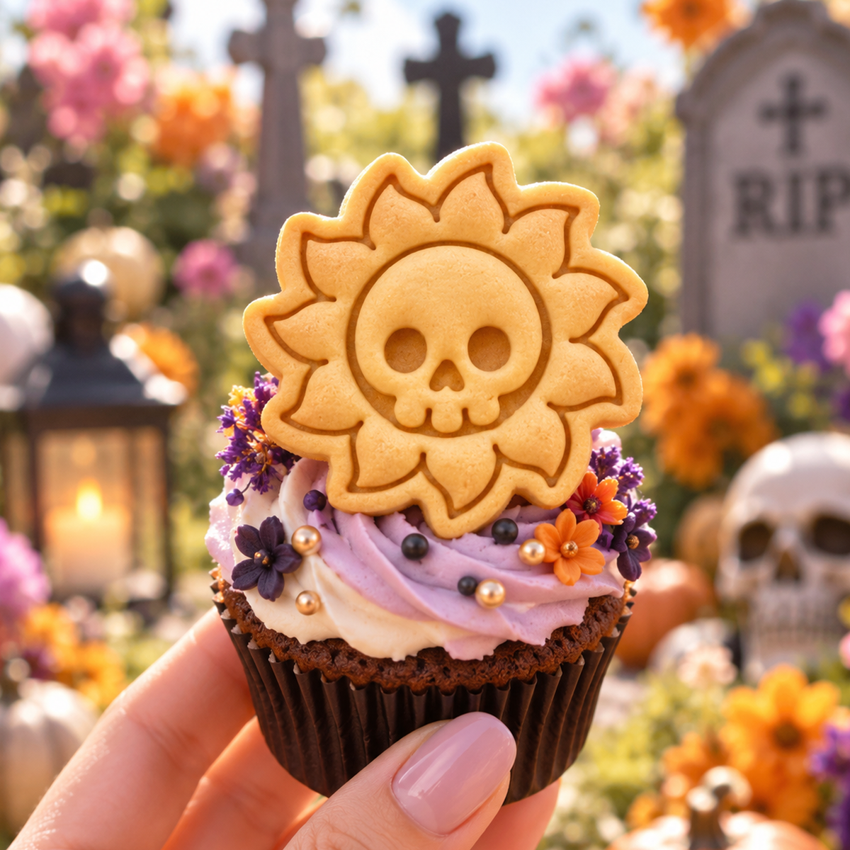 Mini Skull Sun Halloween cookie with skull face and solar ray impression in graveyard setting