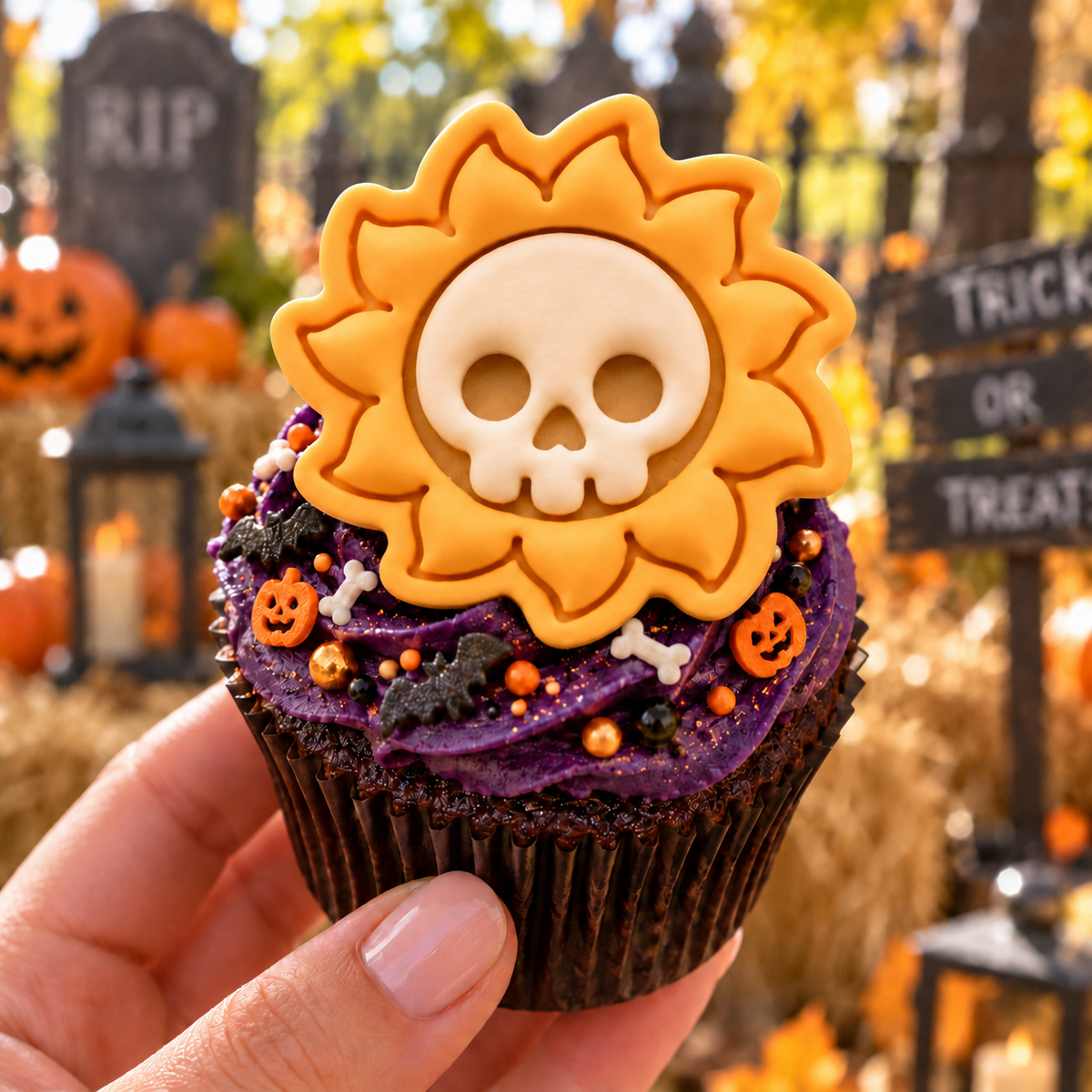 Skull Sun mini cookie cupcake topper on purple gothic Halloween cupcake