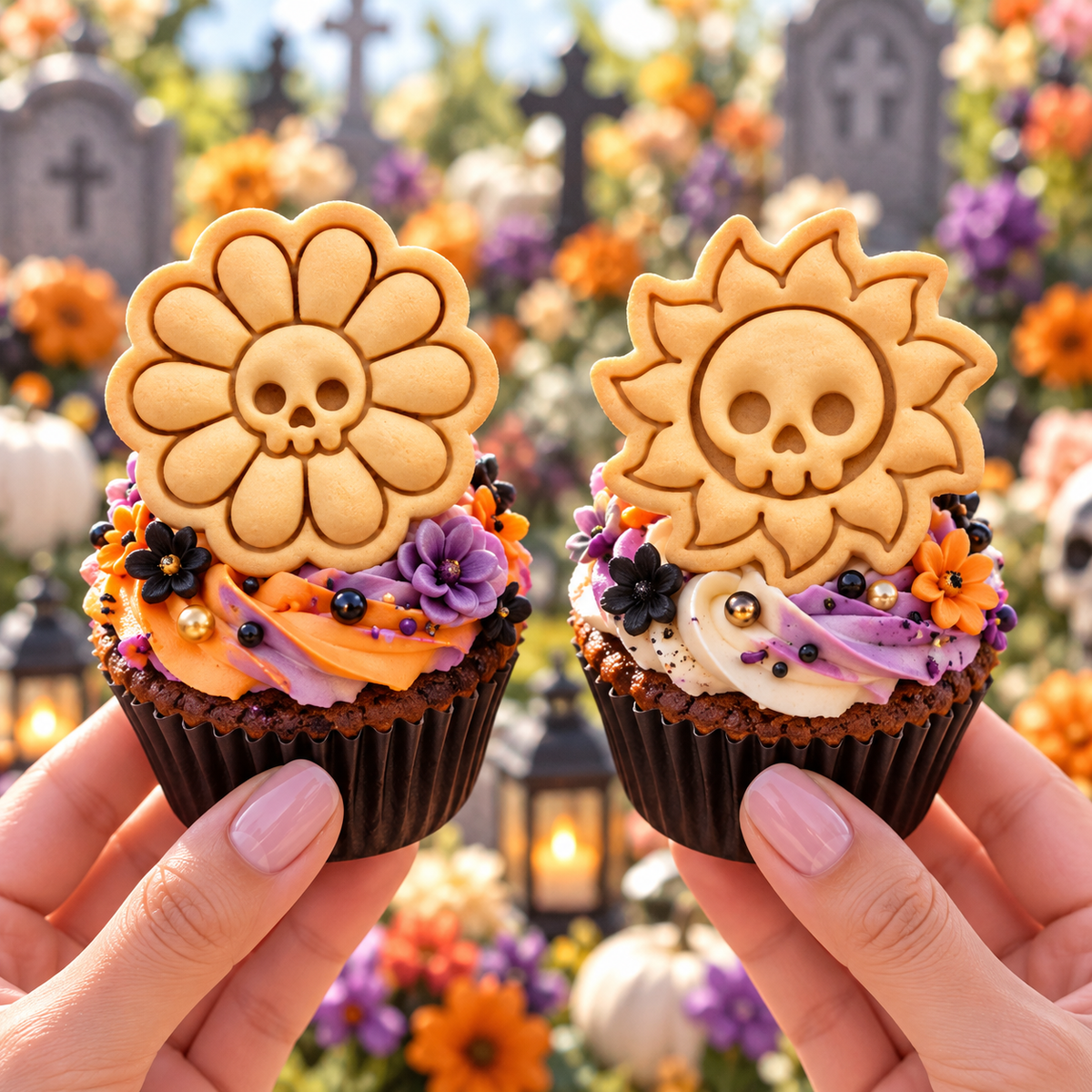 Daisy Skull and Skull Sun mini cookies on Halloween cupcakes in floral graveyard setting