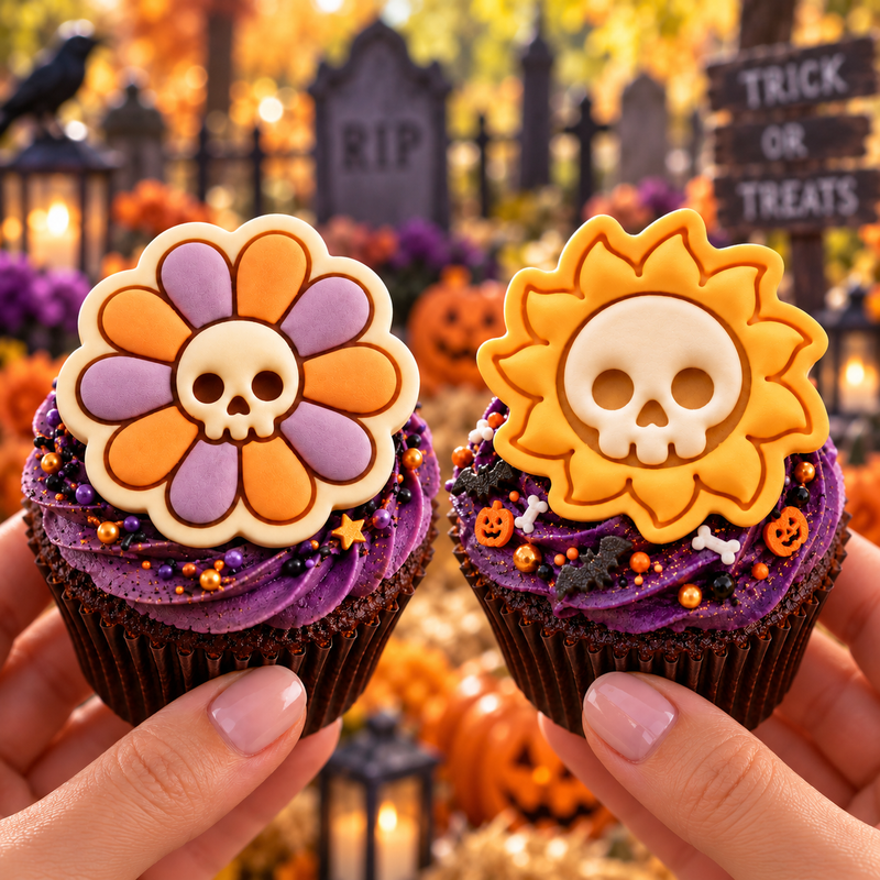 Daisy Skull and Skull Sun fondant cupcake toppers on purple gothic Halloween cupcakes