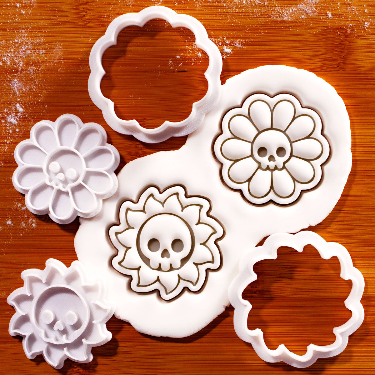 Set of 2 Daisy Skull and Skull Sun Mini cookie cutters and stamps with Halloween impressions