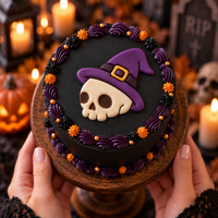 Skull with Witch Hat fondant cake topper on black gothic Halloween cake