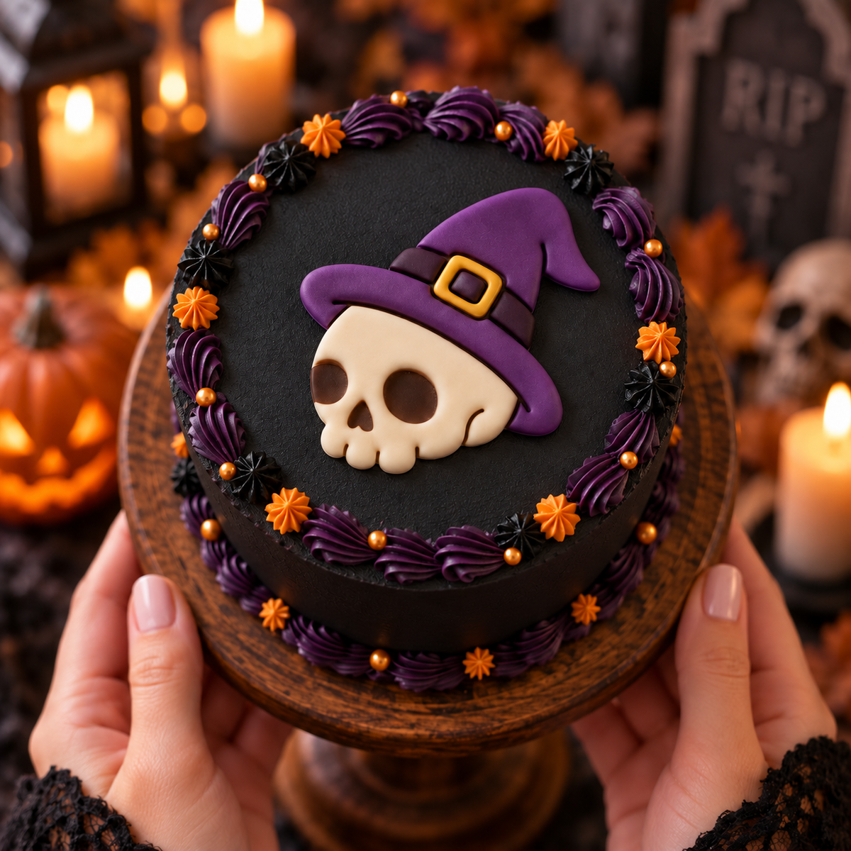 Skull with Witch Hat fondant cake topper on black gothic Halloween cake