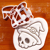 Skull with Witch Hat cookie cutter with Halloween skull and witch hat fondant impression