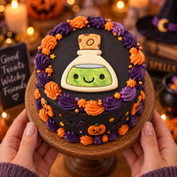 Smiling Potion fondant cake topper on black Halloween cake with purple and orange decorations