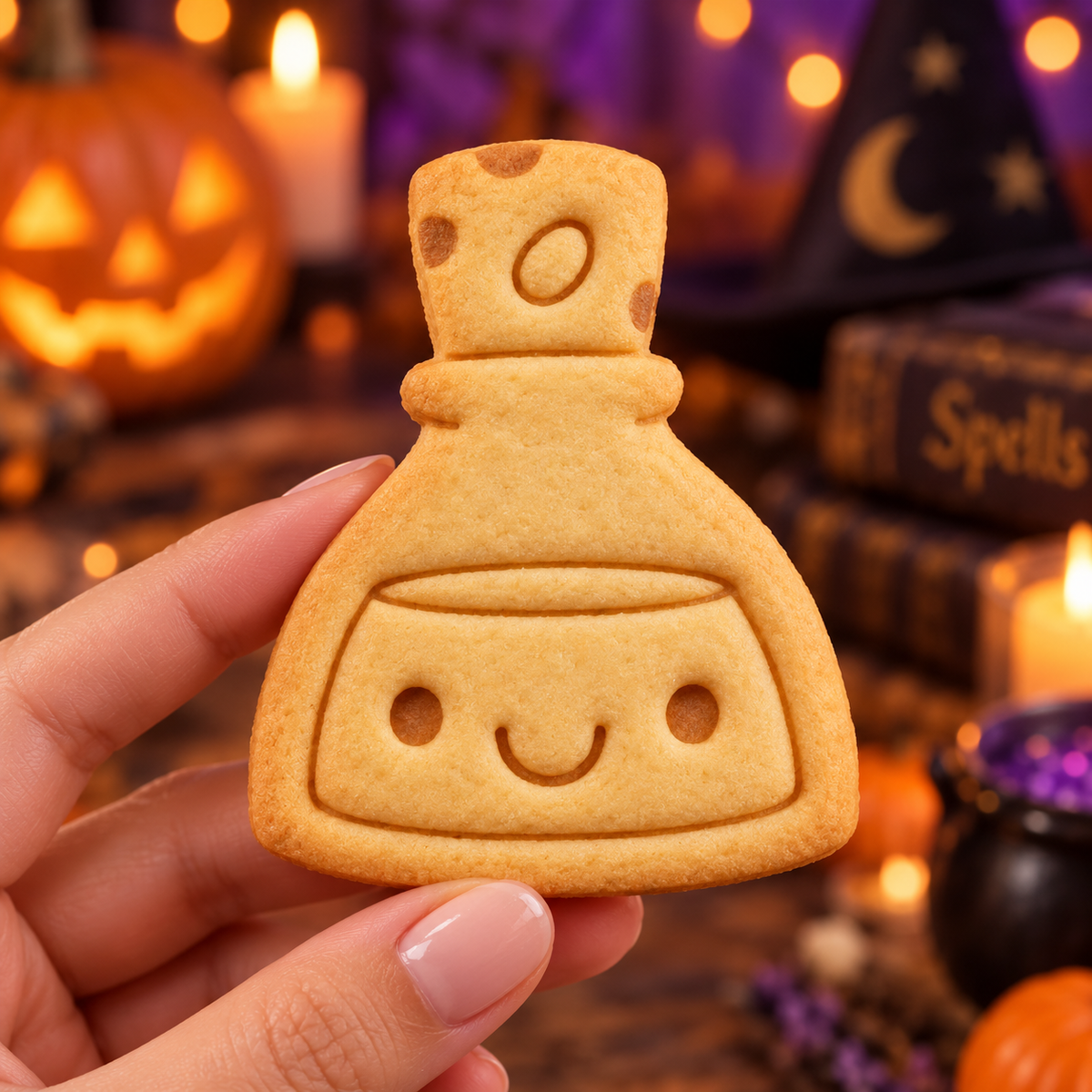 Smiling Potion Halloween cookie held by hand in spooky witchy science themed setting