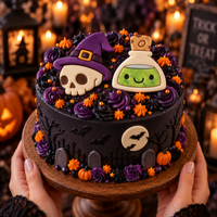 Skull with Witch Hat and Smiling Potion fondant cake toppers on black Halloween cake