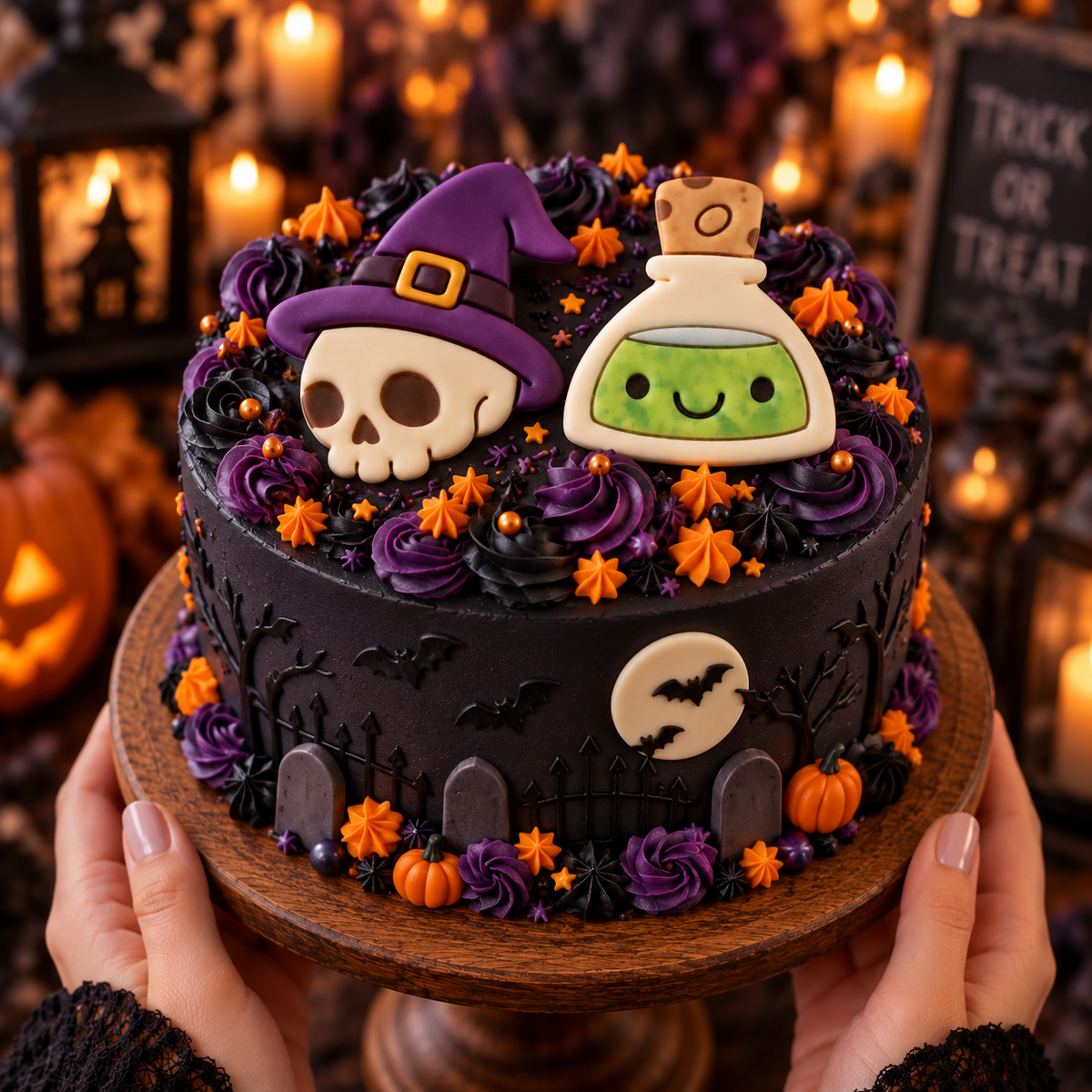 Skull with Witch Hat and Smiling Potion fondant cake toppers on black Halloween cake