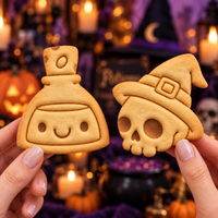 Skull with Witch Hat and Smiling Potion Halloween cookies held by hand in spooky setting
