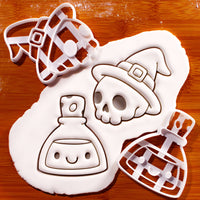 Set of 2 Skull with Witch Hat and Smiling Potion cookie cutters with fondant impressions