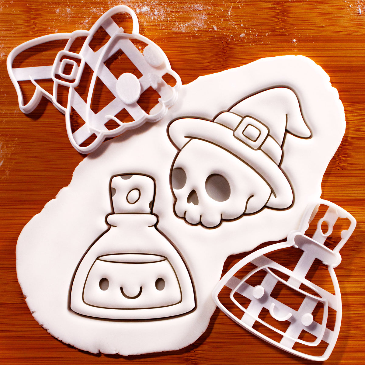 Set of 2 Skull with Witch Hat and Smiling Potion cookie cutters with fondant impressions