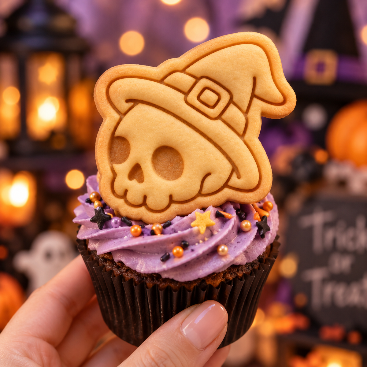 Skull with witch hat mini cookie topper on purple frosted Halloween cupcake