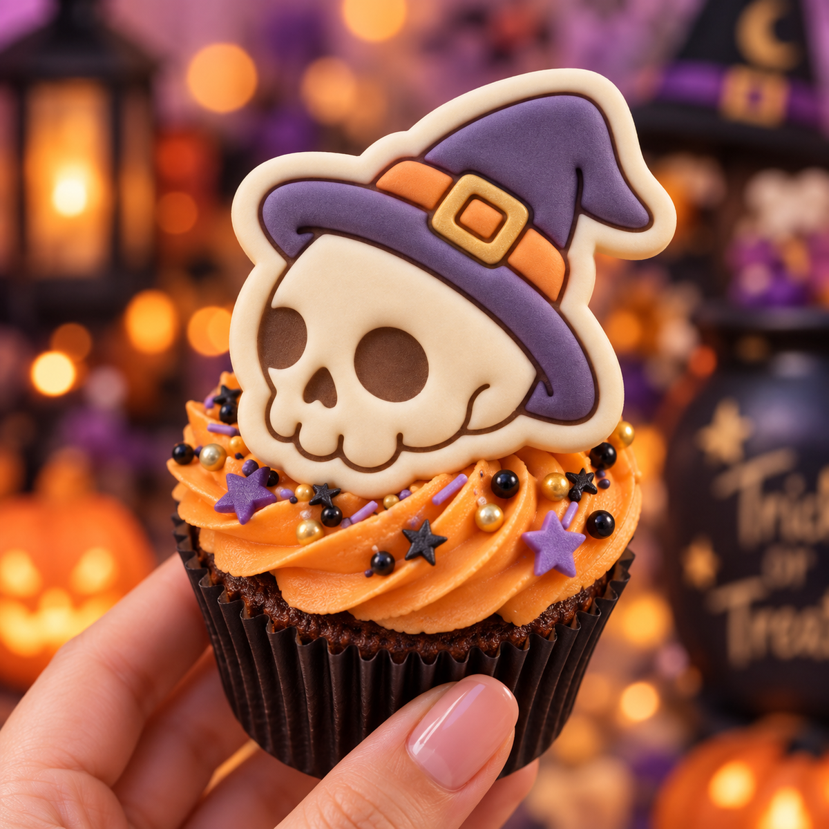 Coloured skull with witch hat fondant topper on orange frosted Halloween cupcake