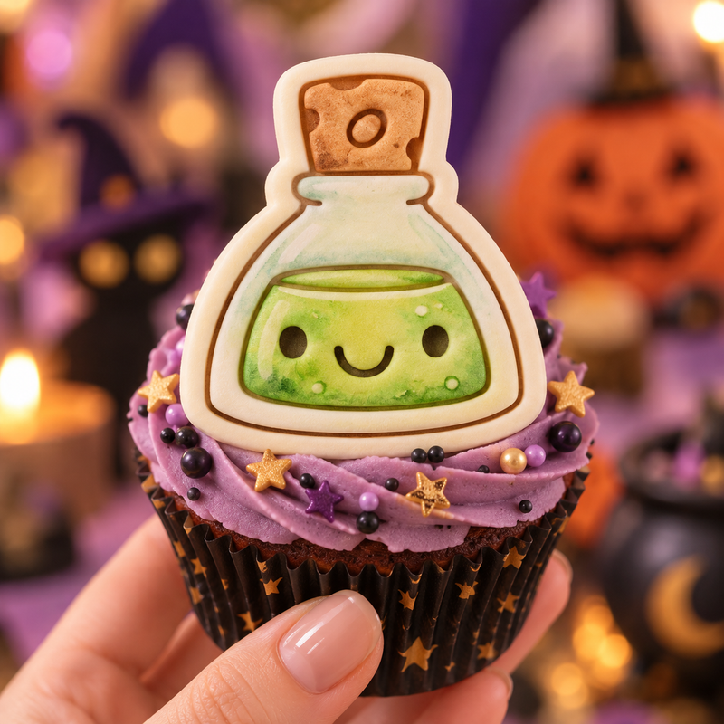 Coloured smiling potion fondant topper on purple frosted Halloween cupcake