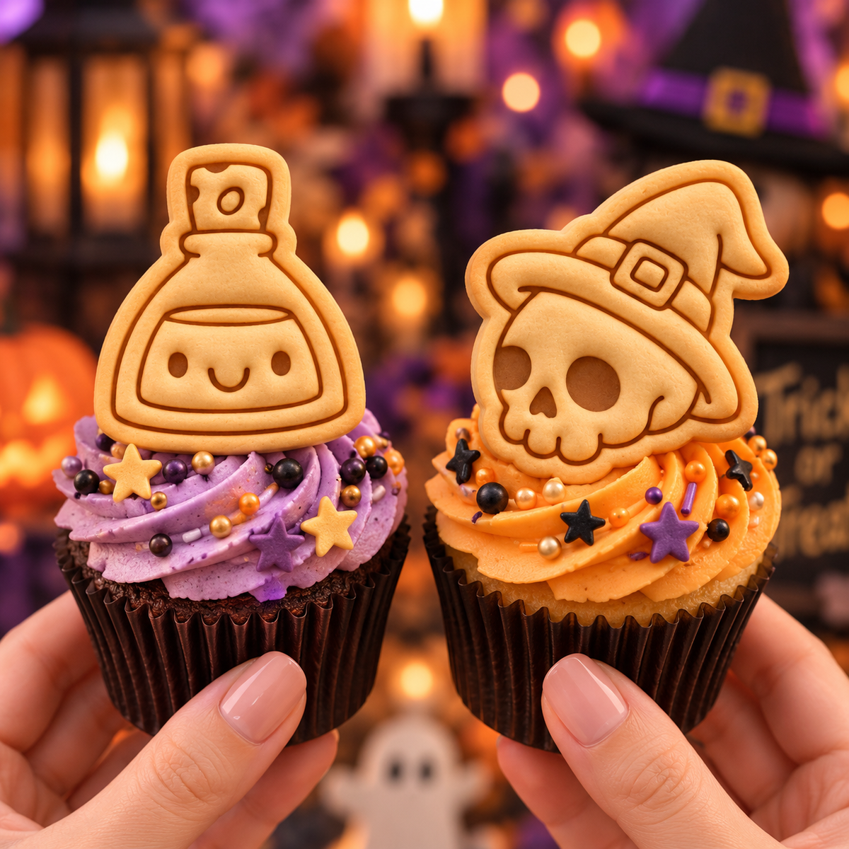 Skull Witch Hat and Smiling Potion mini cookie toppers on Halloween cupcakes