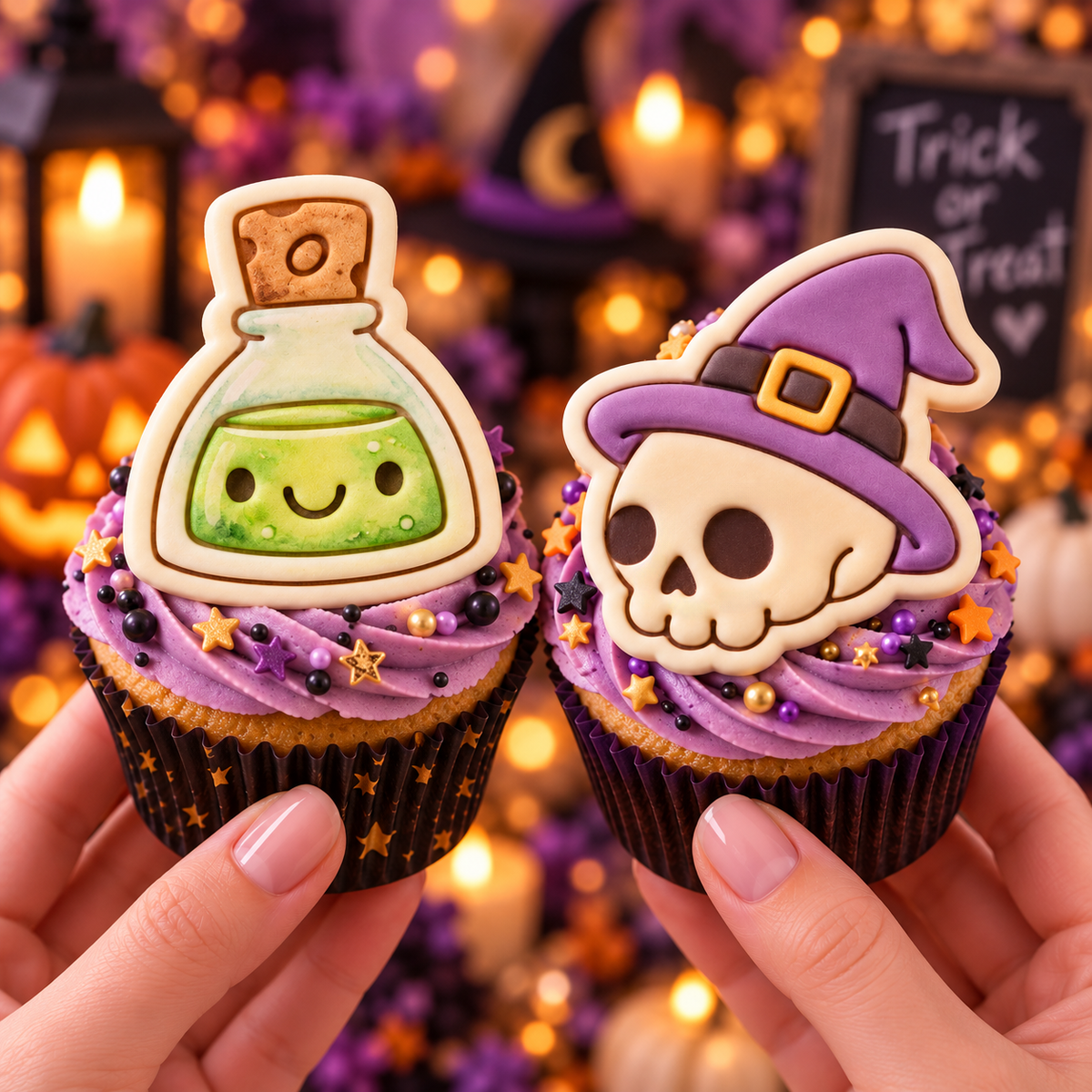 Skull Witch Hat and Smiling Potion fondant toppers on purple Halloween cupcakes