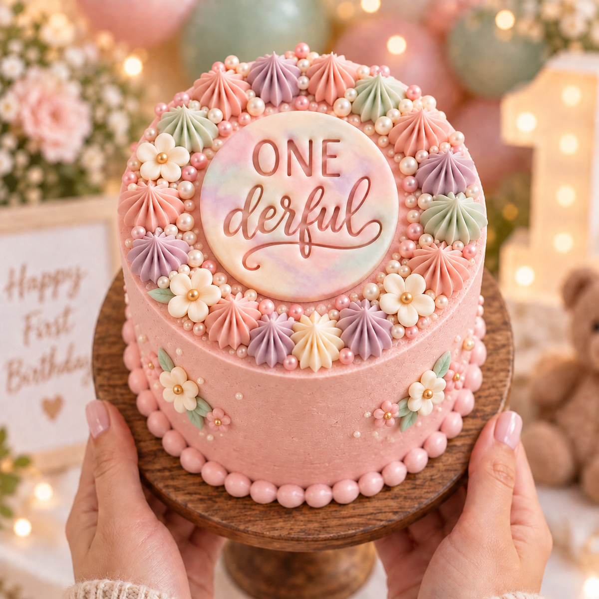 ONEderful fondant topper on pink first birthday cake