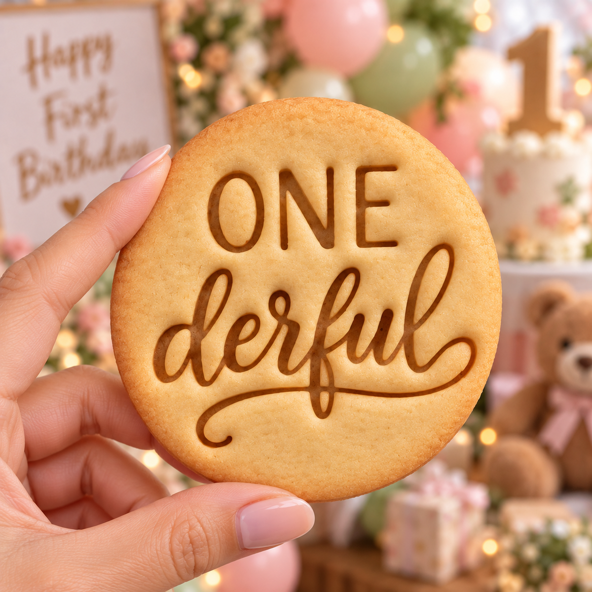 ONEderful cookie held in hand with first birthday party background